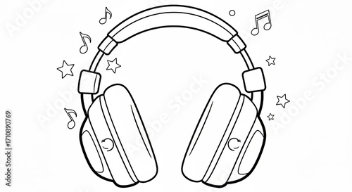 Coloring page line Art Headphones:  Joyful Music,  Playful Design,  Kids Coloring Page Illustration.