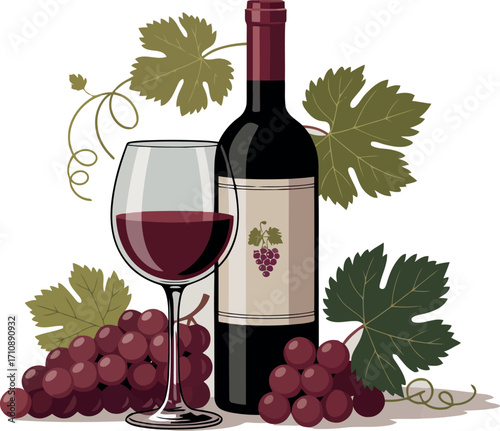 A classic still life features a bottle of red wine and a full glass, beautifully accompanied by lush grapevines and ripe grapes. 