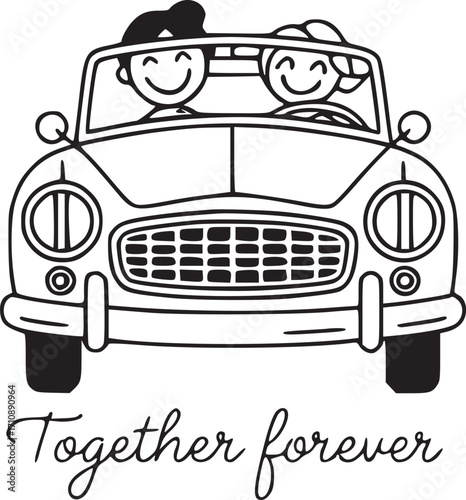 Forever Journey: A couple embarks on a lifetime adventure, cruising in a classic car, their smiles embodying the thrill of shared journeys and eternal togetherness.