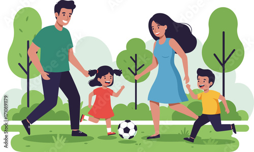 Cartoon family playing soccer in park, parents and kids enjoying outdoor activity, green trees, happy bonding moment, colorful sports illustration
