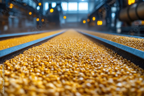 Grains moving on a convey at a grain mill.