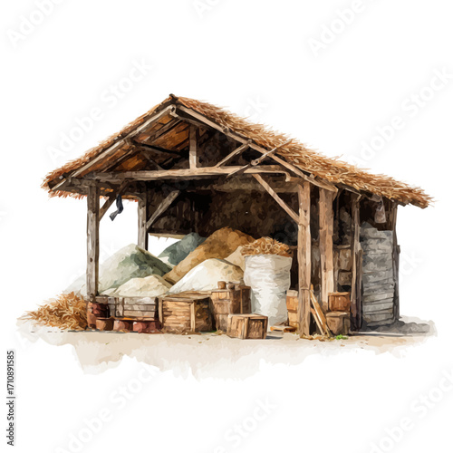 Fodder Storage, watercolor painting, vector illustration, isolated on a white background.