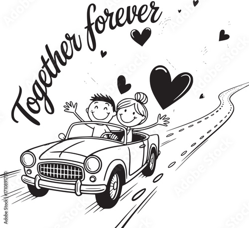 Together Forever: Couple in convertible driving down a road towards hearts