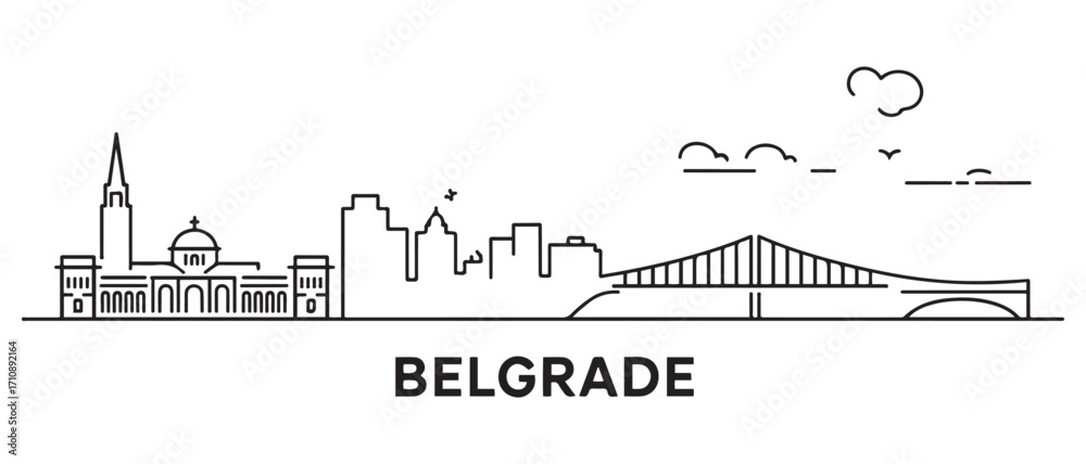Obraz premium Belgrade Line Art skyline horizontal banner. Belgrade, Serbia. Vector template for your design. with white background