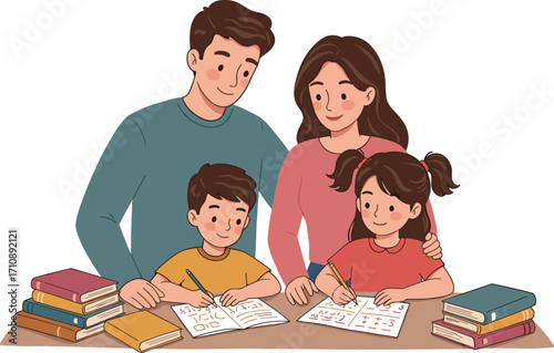 Family helping children with homework, educational activity at home, teamwork, math and reading practice, supportive parents, happy learning moment