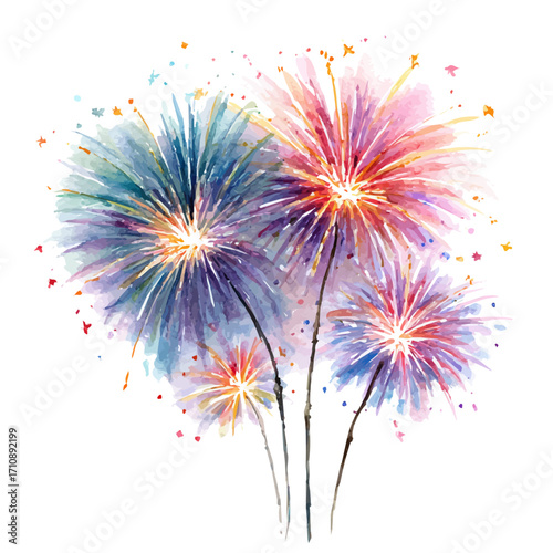 Fireworks in watercolor style, vector illustration, isolated on white background.