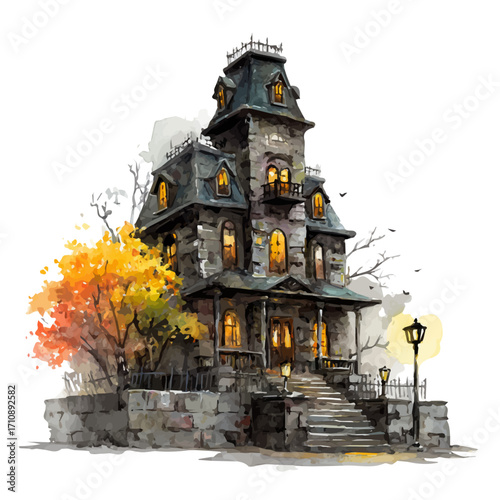 Halloween Haunted House, watercolor painting, vector illustration, isolated on a white background.
