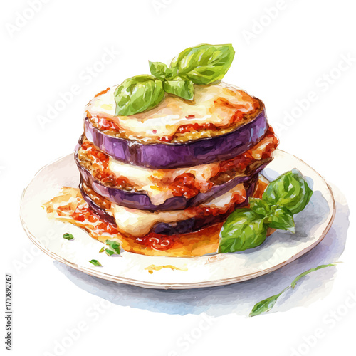 Watercolor vector illustration of Eggplant Parmesan, isolated on white background.