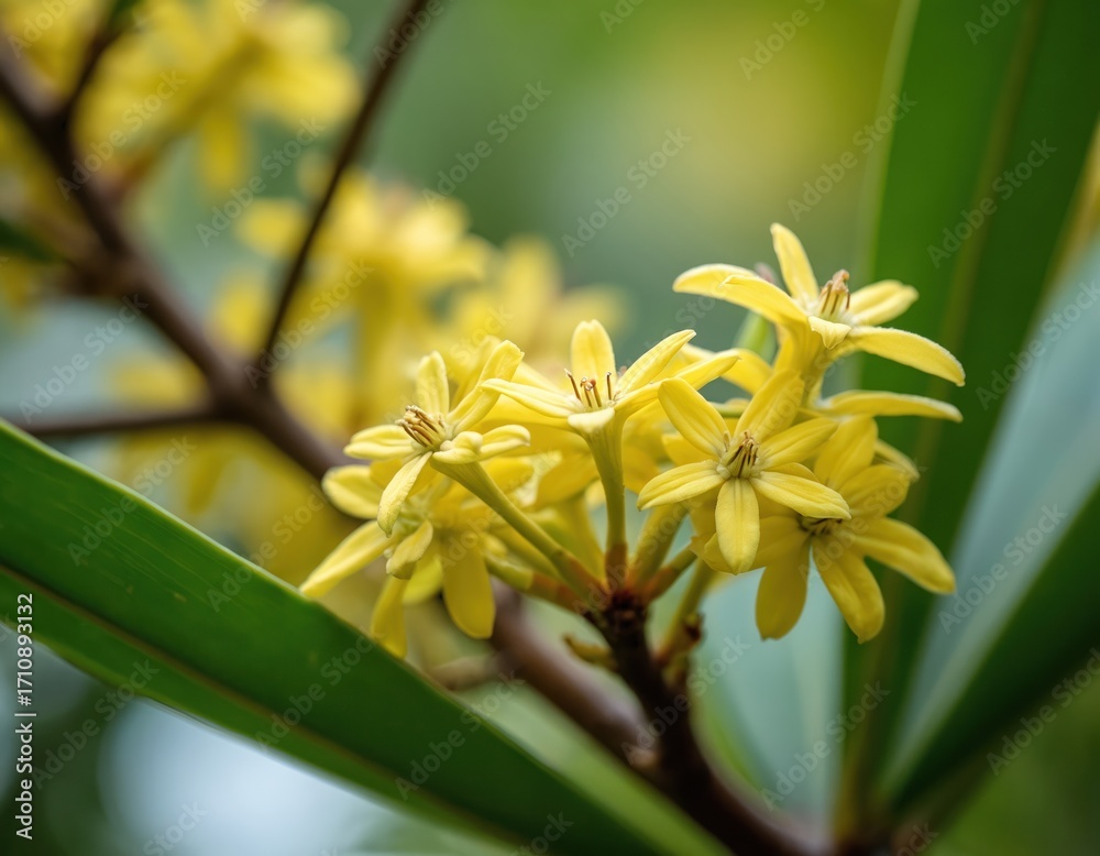 Fototapeta premium Delicate yellow star-shaped flowers bloom on branch, with green leaves unfurling. Soft light filters through, creating serene natural scene. Plant exhibits intricate petal details, natural symmetry.