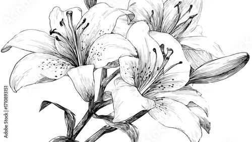 Elegant Monochrome Black and White Lily Bouquet Isolated on White Background