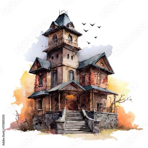 A watercolor painting of Halloween Haunted House, vector illustration on white background.