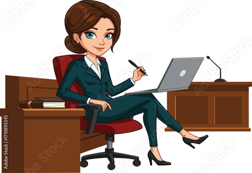 Professional businesswoman working on laptop in courtroom office setting, legal advisor illustration, confident female character in formal attire vector