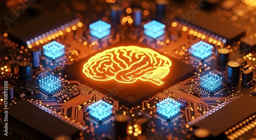 High-Angle Close-Up of AI Circuitry with Orange and Blue Lights