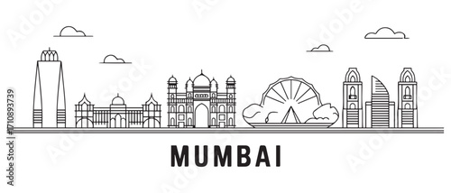 Mumbai Line Art skyline horizontal banner. Mumbai, India. Vector template for your design. with white background