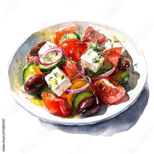 Greek Salad in watercolor style, vector illustration, isolated on white background.