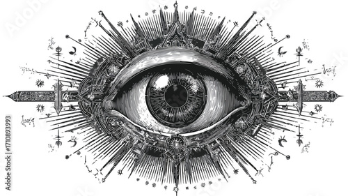 Mystical Psychedelic Eye in Black Outline with RA - Abstract Vision Eye Design