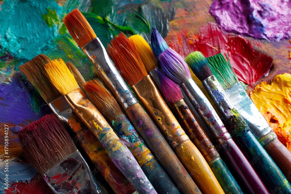 Fototapeta premium A collection of various paintbrushes dipped in vivid acrylic colors on an artist's messy palette, ready for creation.
