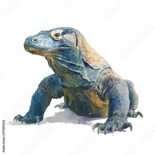Watercolor vector illustration of Komodo Dragon, isolated on white background.