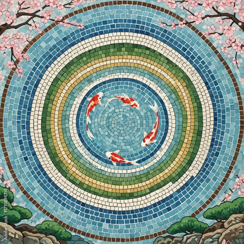 Circular mosaic with koi fish and cherry blossoms.