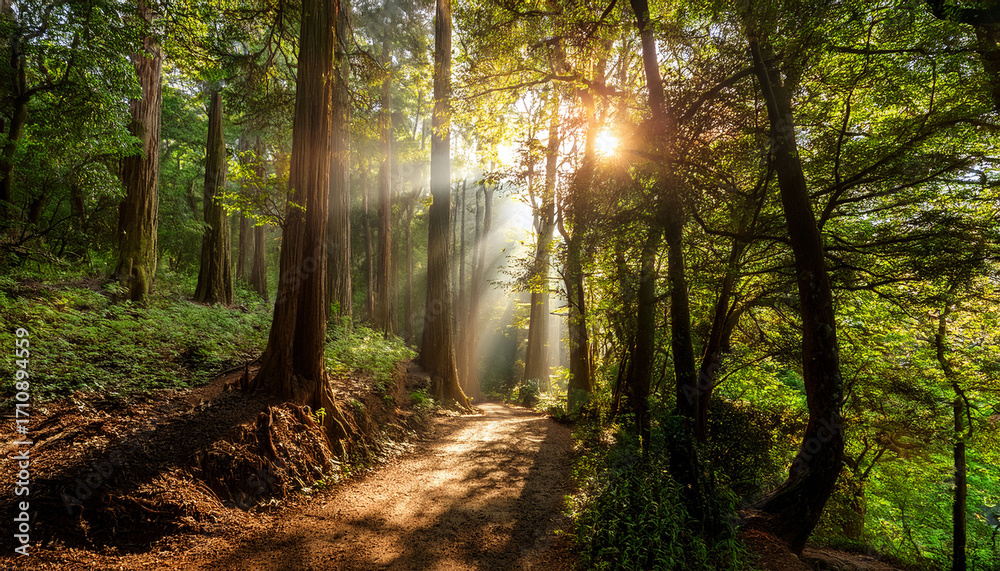 Fototapeta premium Sunlight Streams Through A Forest Path Illuminating Trees And Creating A Serene Atmosphere