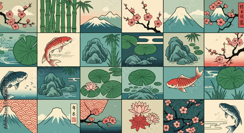 Collage of Japanese art featuring nature scenes and animals.