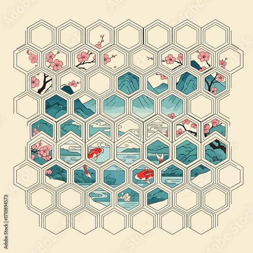 Hexagonal grid with floral and aquatic scenes.