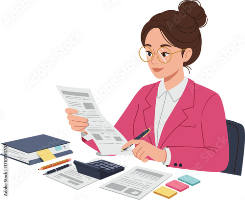 Businesswoman reviewing documents at desk with calculator, sticky notes, and office supplies in a focused administrative workspace illustration