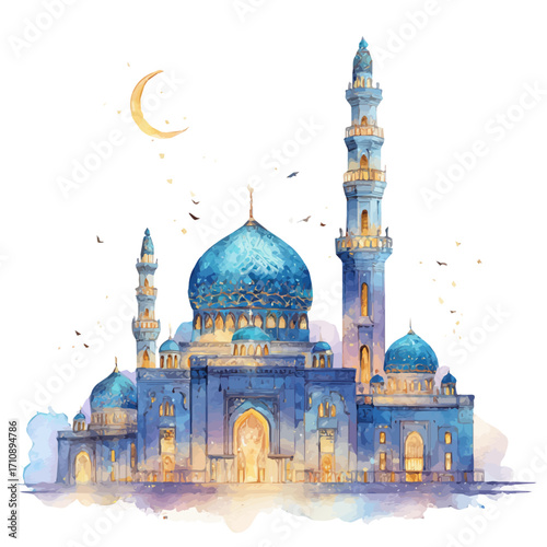 A watercolor painting of Eid Al-Fitr, vector illustration on white background.