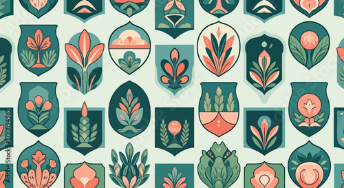 Shield-like emblems with stylized natural motifs form a repeating pattern.