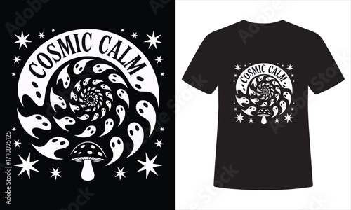 Cosmic Calm Trippy Ghost Spiral Mushroom T-Shirt Design