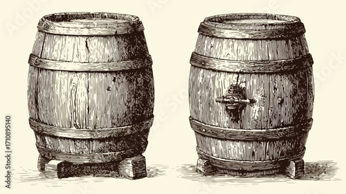 Hand Drawn Oak Wooden Barrel Engraving Sketch
