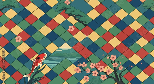 Colorful geometric pattern with koi fish and cherry blossoms.