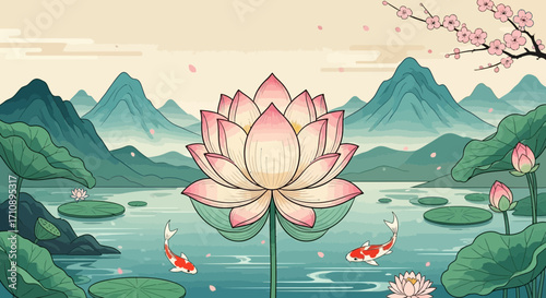Large pink lotus flower floats on a serene pond with koi fish.