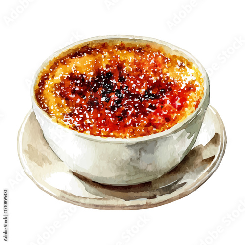 Creme Brulee, watercolor painting, vector illustration, isolated on a white background.