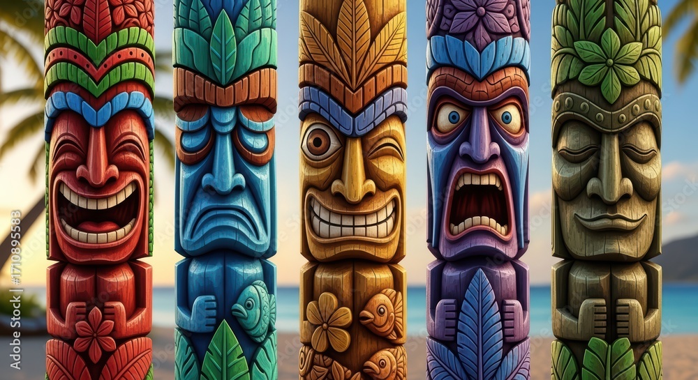 Obraz premium Colorful tiki totem poles on tropical beach with expressive faces and vibrant patterns