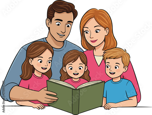 Family reading together, parents and children sharing story time, green book, bonding moment, learning activity, education, quality time, siblings
