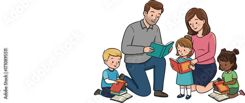 Family reading together, parents and children bonding, shared learning, storytelling time, literacy development, home education, emotional warmth, joy, love, diversity