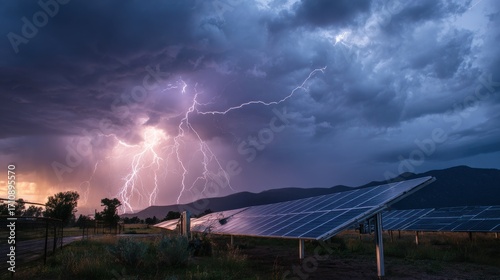 Commercial high-resolution photo of solar panels amidst a storm with dramatic lightning overhead.