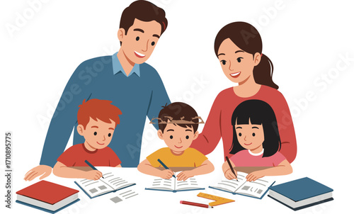 Family studying together at home, parents helping children with homework, education, teamwork, learning, writing, support, bonding, love, books, togetherness