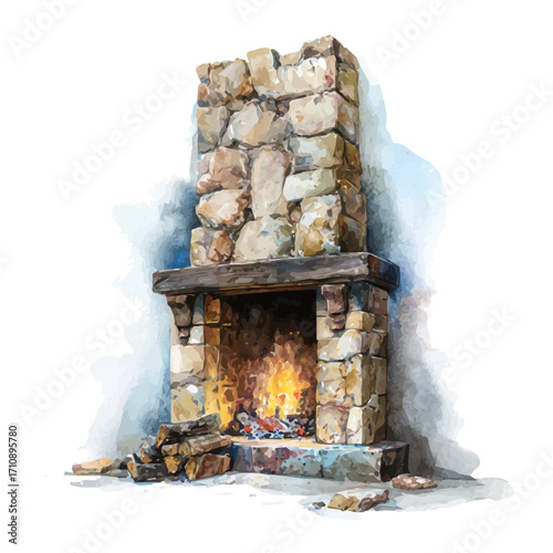 Watercolor vector illustration of Fireplace, isolated on white background.