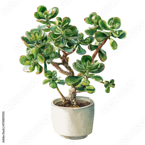 Jade Plant in watercolor style, vector illustration, isolated on white background.