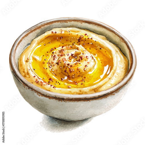 Watercolor vector illustration of Hummus, isolated on white background.