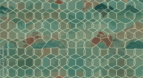 Abstract geometric pattern with organic watercolor elements.