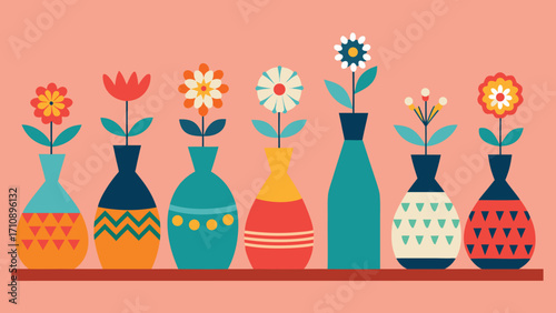 Seven Vases with Flowers in a Row Retro Style Illustration