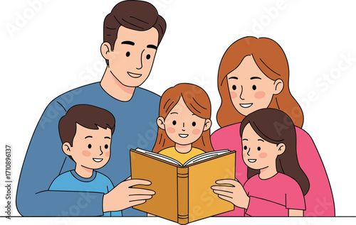 Family reading together, parents and children sharing story time, yellow book, bonding moment, learning activity, education, quality time, siblings