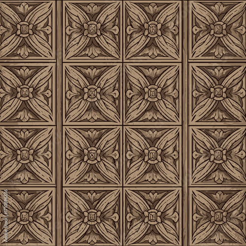 Ornate brown wood carving pattern with geometric and floral motifs.
