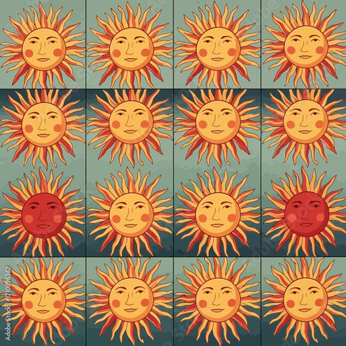 Repeating pattern of stylized suns on a textured background.