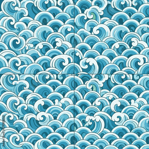 Stylized blue ocean waves pattern with white foam details.