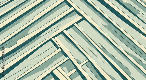 Abstract pattern of interlocking wooden planks in teal and cream.