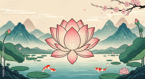 Pink lotus flower floats on water with koi fish and mountains.